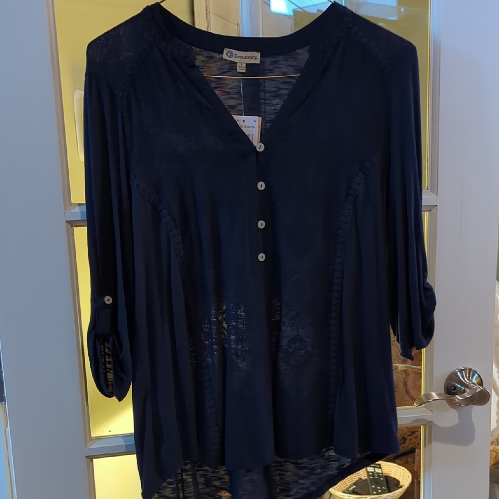 Democracy Deep Blue Blouse with Button Accents NWT